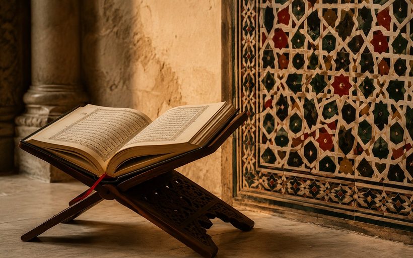 مصحفٌ مفتوح على حامل خشبي بجوار نقش هندسي إسلامي