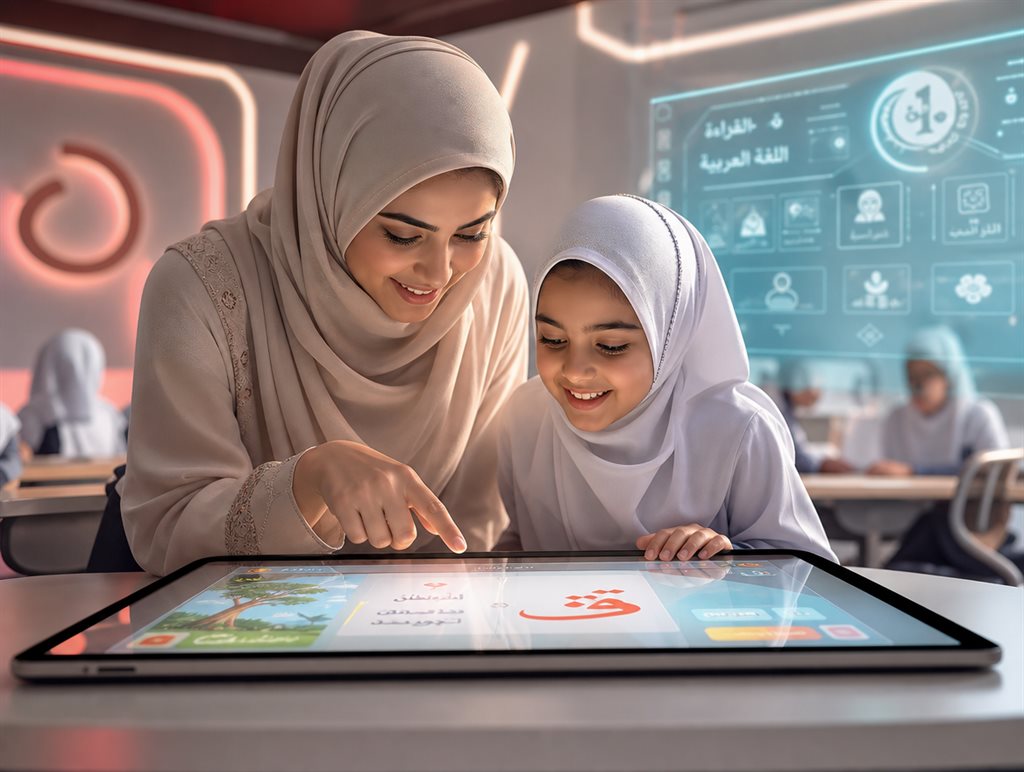معلّمةٌ وطالبةٌ تتفاعلان مع شاشةٍ رقمية تعرض درسًا في القرائية